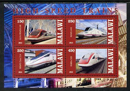 Malawi 2013 High Speed Trains #1 perf sheetlet containing 4 values unmounted mint, stamps on , stamps on  stamps on railways