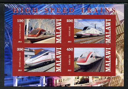 Malawi 2013 High Speed Trains #1 imperf sheetlet containing 4 values unmounted mint, stamps on , stamps on  stamps on railways