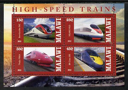 Malawi 2013 High Speed Trains #2 perf sheetlet containing 4 values unmounted mint, stamps on , stamps on  stamps on railways