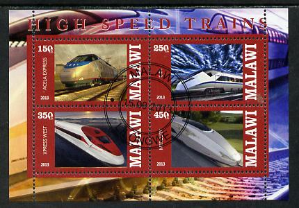 Malawi 2013 High Speed Trains #3 perf sheetlet containing 4 values fine cds used, stamps on , stamps on  stamps on railways