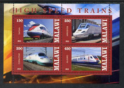 Malawi 2013 High Speed Trains #4 perf sheetlet containing 4 values unmounted mint, stamps on , stamps on  stamps on railways