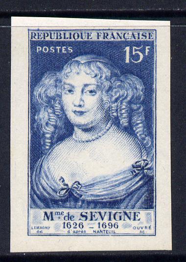 France 1950 Madame de Sevigne 15f blue imperf mounted mint as SG 1104, stamps on personalities, stamps on women