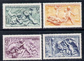 France 1949 National Relief Fund - The seasons perf set of 4 unmounted mint SG 1087-90, stamps on food, stamps on fruit, stamps on wheat, stamps on farming, stamps on sheep, stamps on ovine, stamps on dogs