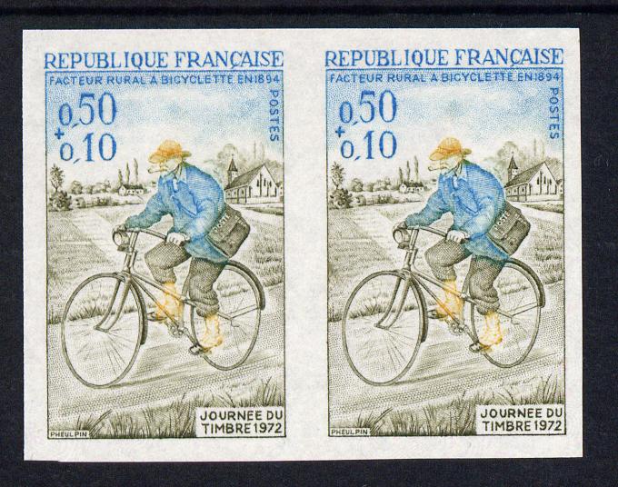 France 1972 Stamp Day 50c+10c imperf pair unmounted mint, as SG 1956, stamps on bicycles, stamps on postman, stamps on postal