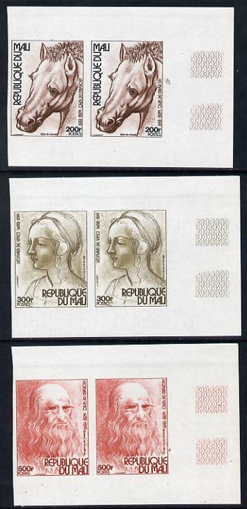 Mali 1977 525th Birth Anniversay of Leonardo da Vinci set of 3 in imperf pairs unmounted mint, as SG 602-604, stamps on leonardo, stamps on da vinci, stamps on horses