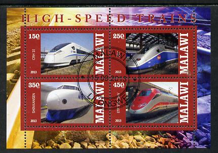 Malawi 2013 High Speed Trains #5 perf sheetlet containing 4 values fine cds used, stamps on , stamps on  stamps on railways