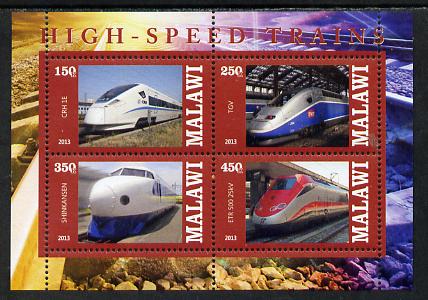 Malawi 2013 High Speed Trains #5 perf sheetlet containing 4 values unmounted mint, stamps on , stamps on  stamps on railways