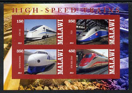 Malawi 2013 High Speed Trains #5 imperf sheetlet containing 4 values unmounted mint, stamps on railways
