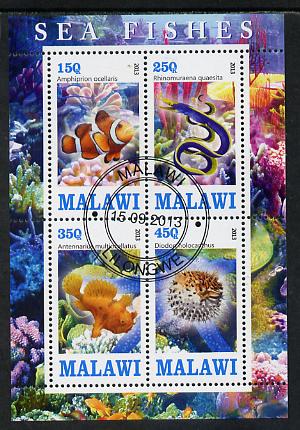 Malawi 2013 Fish #2 perf sheetlet containing 4 values fine cds used, stamps on fish