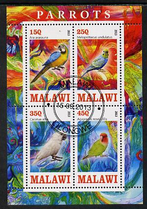 Malawi 2013 Parrots perf sheetlet containing 4 values fine cds used, stamps on birds, stamps on parrots