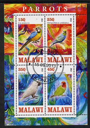Malawi 2013 Parrots perf sheetlet containing 4 values fine cds used, stamps on birds, stamps on parrots