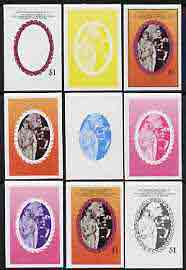 St Vincent - Bequia 1987 Ruby Wedding $1 (Coronation) set of 9 imperf progressive proofs comprising 4 individual colours plus various composites (as SG 1081) unmounted mint, stamps on royalty      ruby