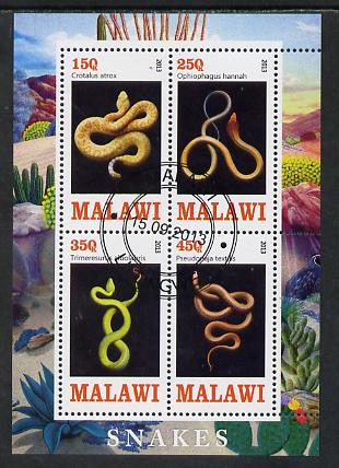 Malawi 2013 Snakes perf sheetlet containing 4 values fine cds used, stamps on reptiles, stamps on snakes