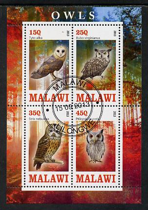 Malawi 2013 Owls perf sheetlet containing 4 values fine cds used, stamps on birds, stamps on birds of prey, stamps on owls