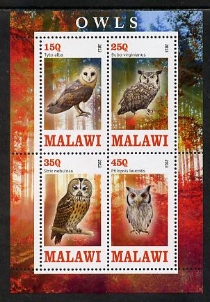 Malawi 2013 Owls perf sheetlet containing 4 values unmounted mint, stamps on , stamps on  stamps on birds, stamps on  stamps on birds of prey, stamps on  stamps on owls