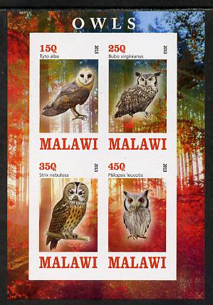 Malawi 2013 Owls imperf sheetlet containing 4 values unmounted mint, stamps on birds, stamps on birds of prey, stamps on owls