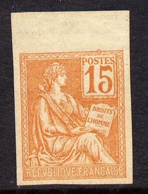 France 1900-24 Mouchon 15c orange imperf marginal sngle (proof?) without gum as SG 301 (Yv 117c), stamps on 