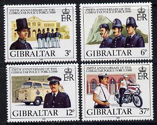 Gibraltar 1980 150th Anniversary of Gibraltar Police Force perf set of 4 unmounted mint SG 429-32, stamps on , stamps on  stamps on police, stamps on  stamps on  vw , stamps on  stamps on motorbikes, stamps on  stamps on ambulances