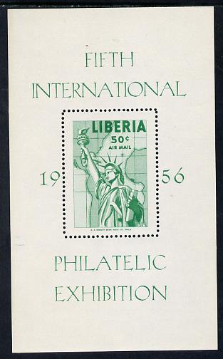 Liberia 1956 Fifth Int Stamp Exhibition perf m/sheet proof in green only unmounted mint similar to SG MS 783, stamps on stamp exhibitions, stamps on americana, stamps on statue of liberty, stamps on 