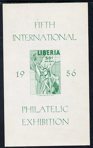 Liberia 1956 Fifth Int Stamp Exhibition imperf m/sheet proof in green only unmounted mint similar to SG MS 783, stamps on , stamps on  stamps on stamp exhibitions, stamps on  stamps on americana, stamps on  stamps on statue of liberty, stamps on  stamps on 