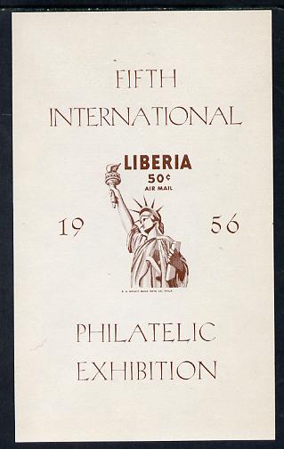 Liberia 1956 Fifth Int Stamp Exhibition imperf m/sheet proof in brown only with plain background unmounted mint similar to SG MS 783, stamps on , stamps on  stamps on stamp exhibitions, stamps on  stamps on americana, stamps on  stamps on statue of liberty, stamps on  stamps on 