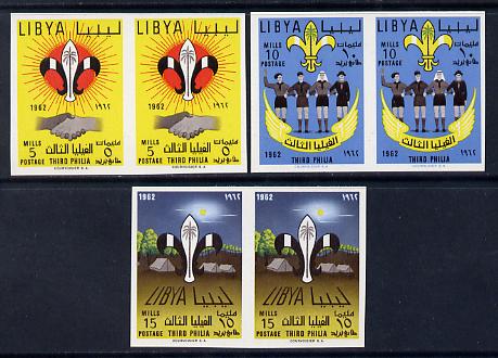 Libya 1962 Third Boy Scouts Meeting set of 3 in imperf pairs unmounted mint as SG 278-80, stamps on scouts