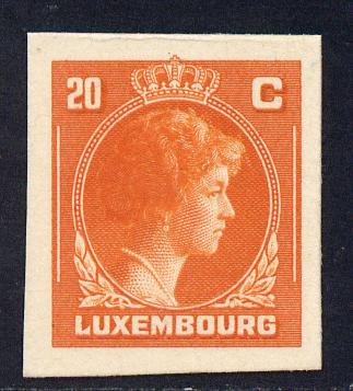 Luxembourg 1944 Grand Duchess Charlotte (SG type 70) IMPERF proof of 20c in orange-red on thick card (ex ABN Co archives - only one sheet known), stamps on , stamps on  stamps on luxembourg 1944 grand duchess charlotte (sg type 70) imperf proof of 20c in orange-red on thick card (ex abn co archives - only one sheet known)