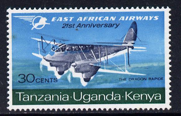 Kenya, Uganda & Tanganyika 1967 21st Anniversary of East African Airways 30c withstriking colour shift, light tone spots unmounted mint as SG 235, stamps on , stamps on  stamps on aviation, stamps on  stamps on  dh , stamps on  stamps on 