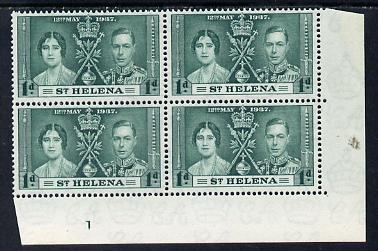 St Helena 1937 KG6 Coronation 1d corner plate block of 4 with plate 1 unmounted mint (Coronation plate blocks are rare) SG 128, stamps on coronation, stamps on royalty, stamps on  kg6 , stamps on 