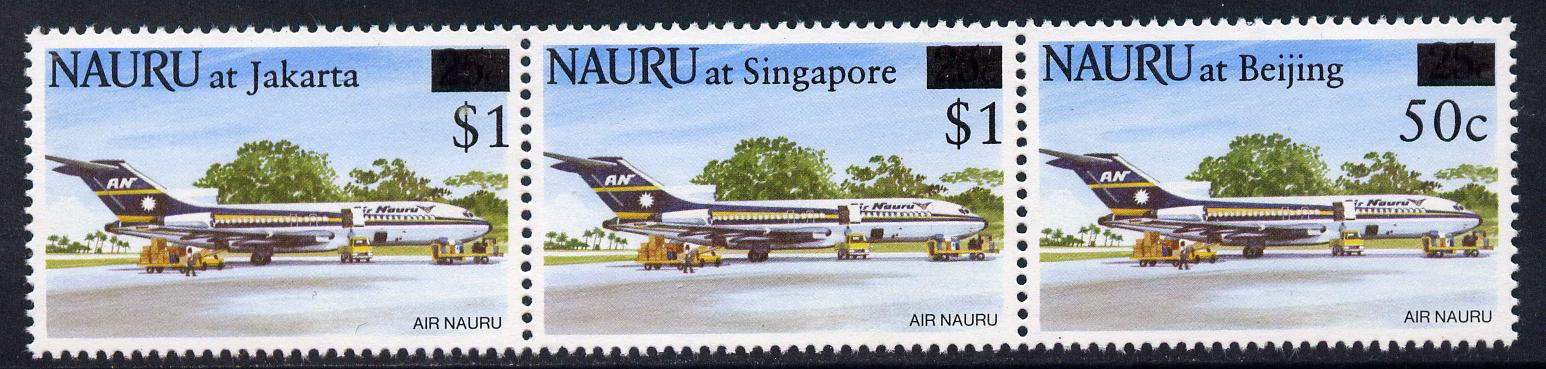 Nauru 1995 Stamp Exhibitions surcharged strip of 3 unmounted mint SG 438-40, stamps on , stamps on  stamps on stamp exhibitions, stamps on  stamps on aviation