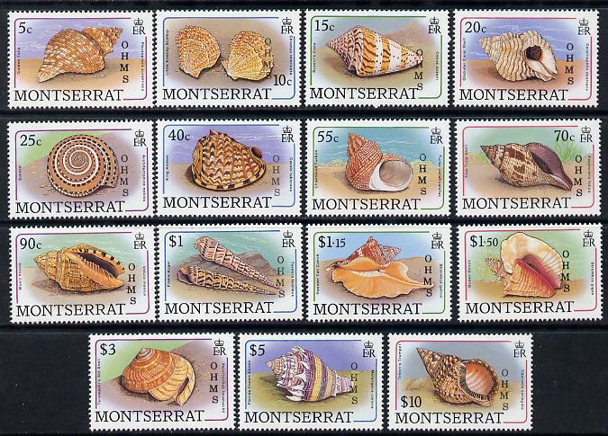 Montserrat 1989 Sea Shells definitive set complete - 15 values overprinted OHMS unmounted mint SG O76-90, stamps on marine life, stamps on shells