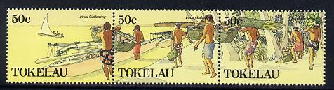 Tokelau 1989 Food Gathering perf set of 6 (two strips of 3) unmounted mint SG 171-76, stamps on fishing, stamps on crafts, stamps on canoes