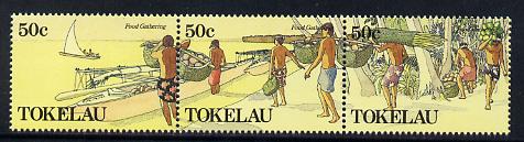 Tokelau 1989 Food Gathering perf set of 6 (two strips of 3) unmounted mint SG 171-76, stamps on , stamps on  stamps on fishing, stamps on  stamps on crafts, stamps on  stamps on canoes