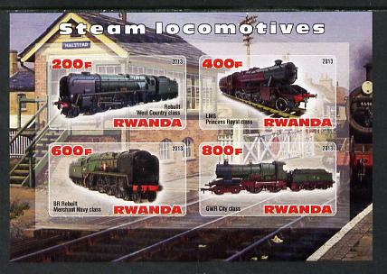 Rwanda 2013 Steam Locos #3 imperf sheetlet containing 4 values unmounted mint, stamps on railways