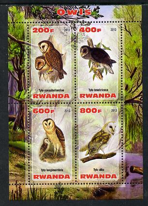 Rwanda 2013 Owls perf sheetlet containing 4 values unmounted mint, stamps on , stamps on  stamps on birds, stamps on  stamps on birds of prey, stamps on  stamps on owls