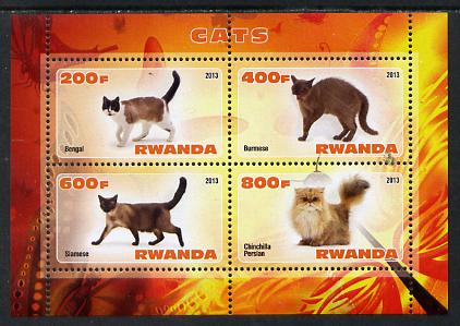 Rwanda 2013 Domestic Cats #1 perf sheetlet containing 4 values unmounted mint, stamps on , stamps on  stamps on cats