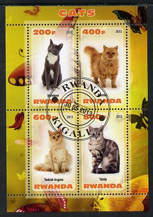 Rwanda 2013 Domestic Cats #2 perf sheetlet containing 4 values fine cto used, stamps on , stamps on  stamps on cats