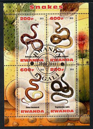 Rwanda 2013 Snakes perf sheetlet containing 4 values fine cto used, stamps on reptiles, stamps on snakes