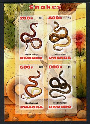 Rwanda 2013 Snakes imperf sheetlet containing 4 values unmounted mint, stamps on reptiles, stamps on snakes