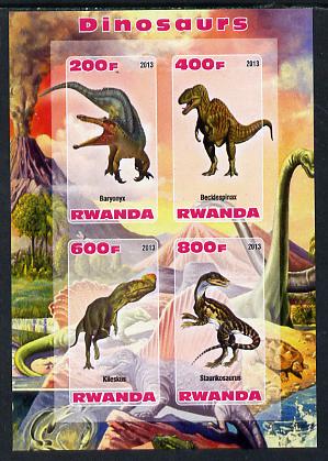 Rwanda 2013 Dinosaurs #2 imperf sheetlet containing 4 values unmounted mint, stamps on dinosaurs