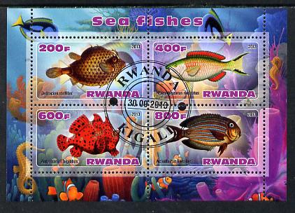 Rwanda 2013 Sea Fish #2 perf sheetlet containing 4 values fine cto used, stamps on marine life, stamps on fish