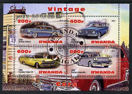 Rwanda 2013 Vintage Cars #3 perf sheetlet containing 4 values fine cto used, stamps on , stamps on  stamps on cars