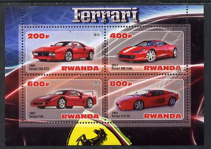 Rwanda 2013 Ferrari Cars #1 perf sheetlet containing 4 values unmounted mint, stamps on , stamps on  stamps on cars, stamps on  stamps on ferrari