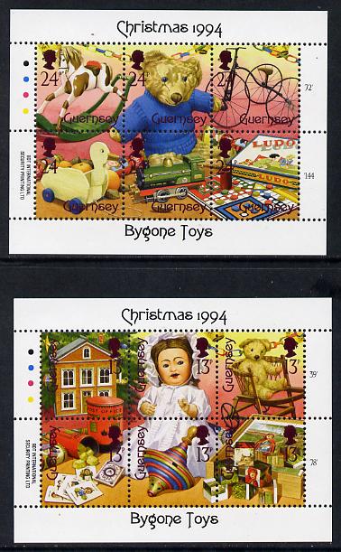 Guernsey 1994 Christmas - Bygone Toys set of 12 (two sheetlets of 6) unmounted mint SG 651-52, stamps on , stamps on  stamps on christmas, stamps on  stamps on railways, stamps on  stamps on toys, stamps on  stamps on teddy bears, stamps on  stamps on bicycles