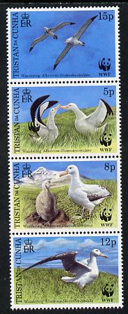 Tristan da Cunha 1999 WWF - Wandering Albatros vertical perf strip of 4, second stamp showing additional Panda Logo on left-hand bird, unmounted mint SG 651b, stamps on , stamps on  stamps on birds, stamps on  stamps on  wwf , stamps on  stamps on albatros, stamps on  stamps on panda, stamps on  stamps on bears