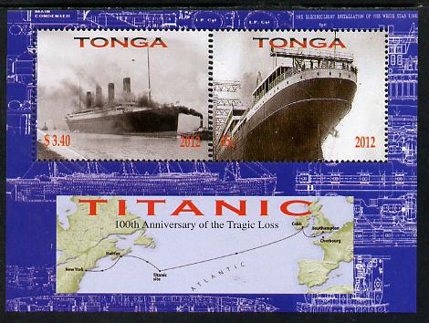 Tonga 2012 Titanic perf sheetlet containing 2 values unmounted mint , stamps on , stamps on  stamps on ships, stamps on  stamps on titanic, stamps on  stamps on disasters, stamps on  stamps on maps