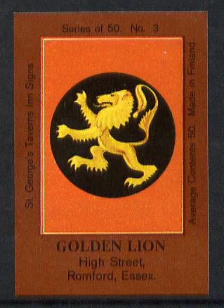 Match Box Labels - Golden Lion (No.3 from a series of 50 Pub signs) dark brown background, very fine unused condition (St George's Taverns), stamps on cats, stamps on lion