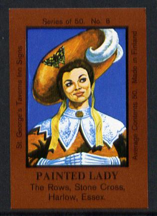 Match Box Labels - Painted Lady (No.8 from a series of 50 Pub signs) dark brown background, very fine unused condition (St George's Taverns), stamps on women, stamps on hats