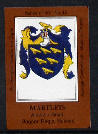 Match Box Labels - Martlets (No.15 from a series of 50 Pub signs) dark brown background, very fine unused condition (St George's Taverns), stamps on , stamps on  stamps on heraldry, stamps on  stamps on arms