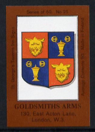 Match Box Labels - Goldsmith's Arms (No.25 from a series of 50 Pub signs) dark brown background, very fine unused condition (St George's Taverns), stamps on gold     heraldry, stamps on arms